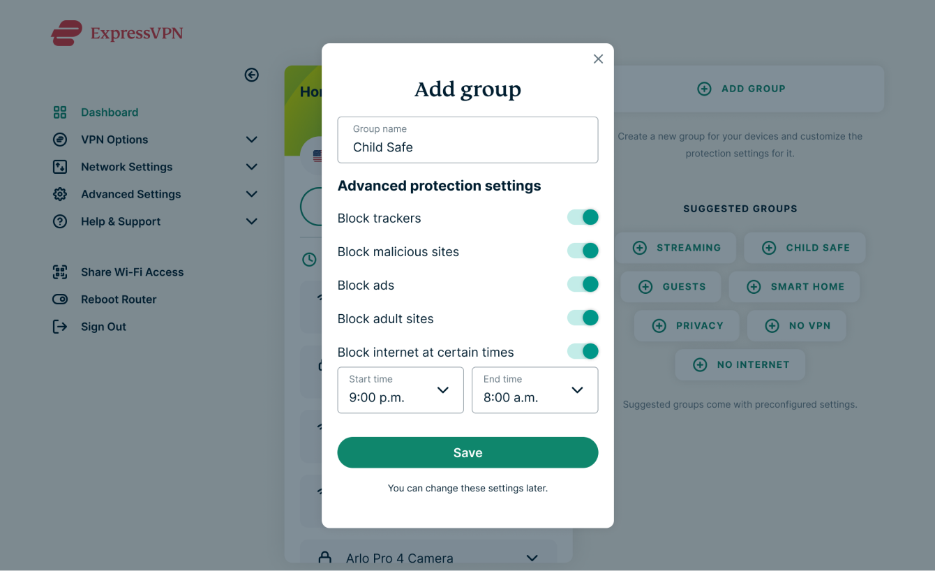 Screenshot of Aircove UI showing a Child Safe group