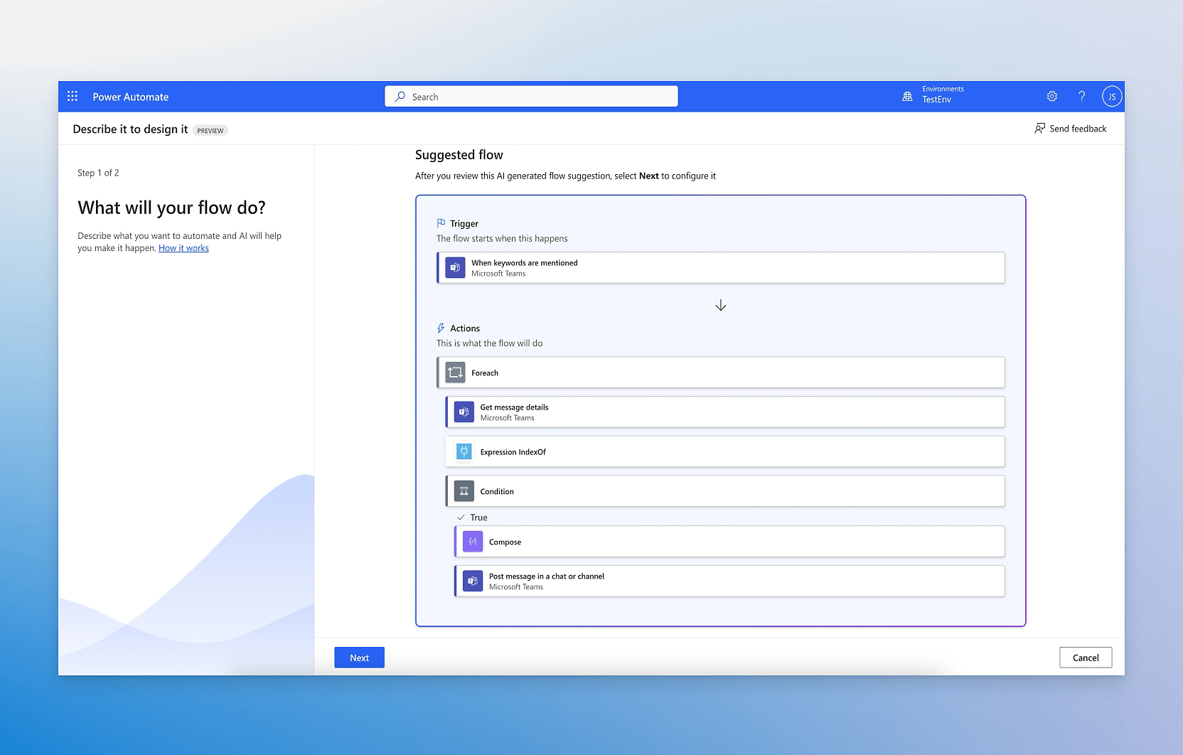 Microsoft Power Automate flows setup screen.