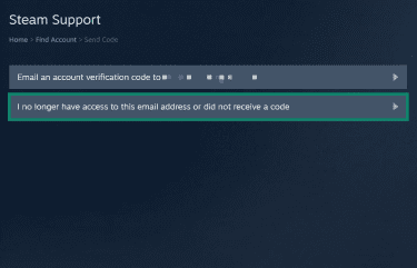 Steam support page for account recovery. The "I no longer have access to this email address or did not receive a code" option is highlighted.