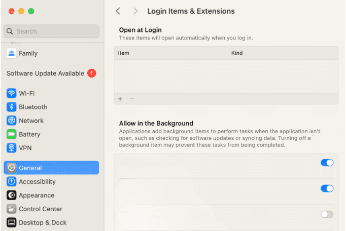 Mac Login Items and Extensions with background apps.