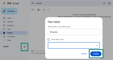 Gmail new label window with “Shopping” entered and the Create button highlighted.