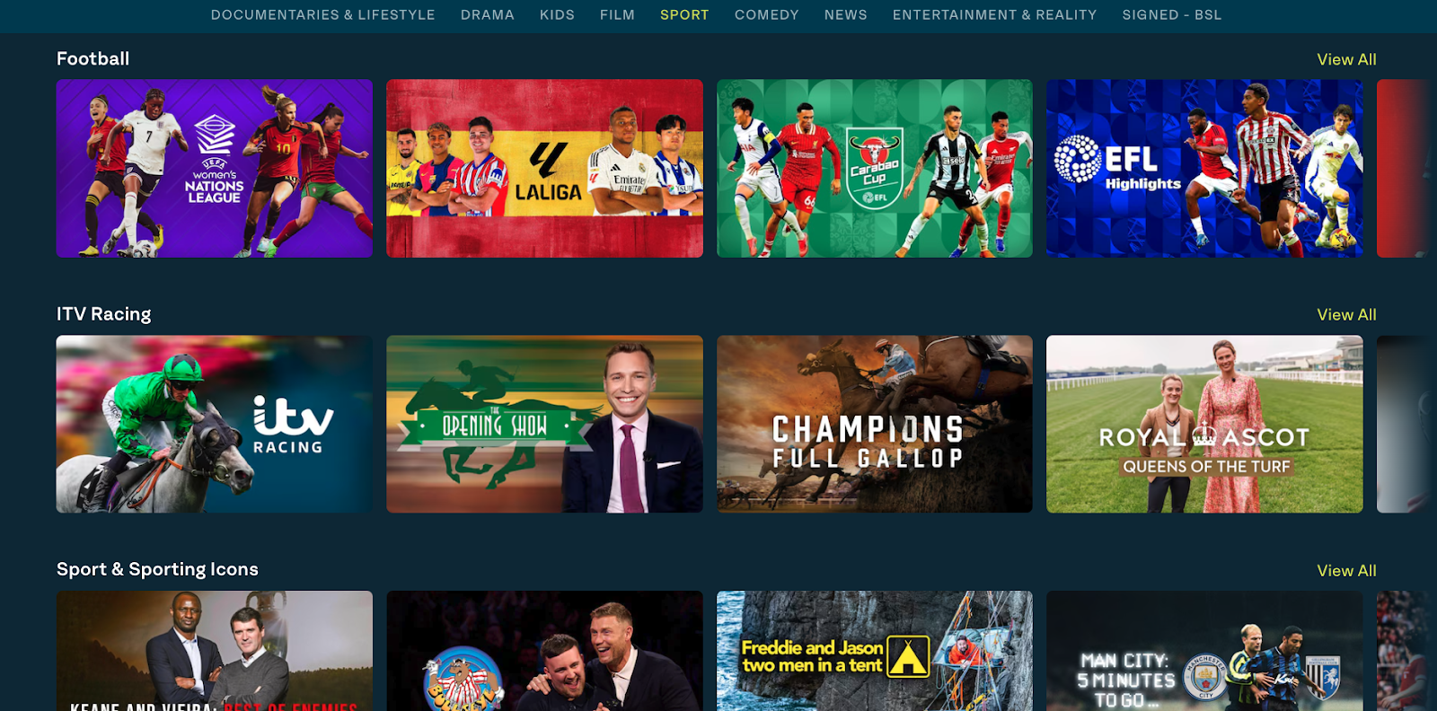 Screenshot of the ITVX sports page