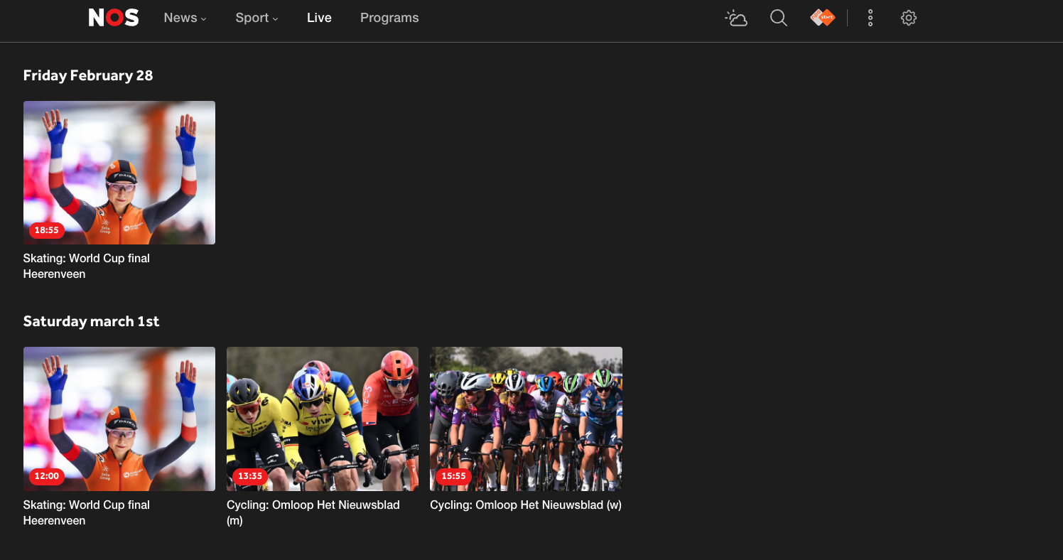 Screenshot of the live TV section on NOS