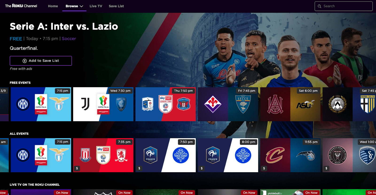 Screenshot of the Roku Channel sports section