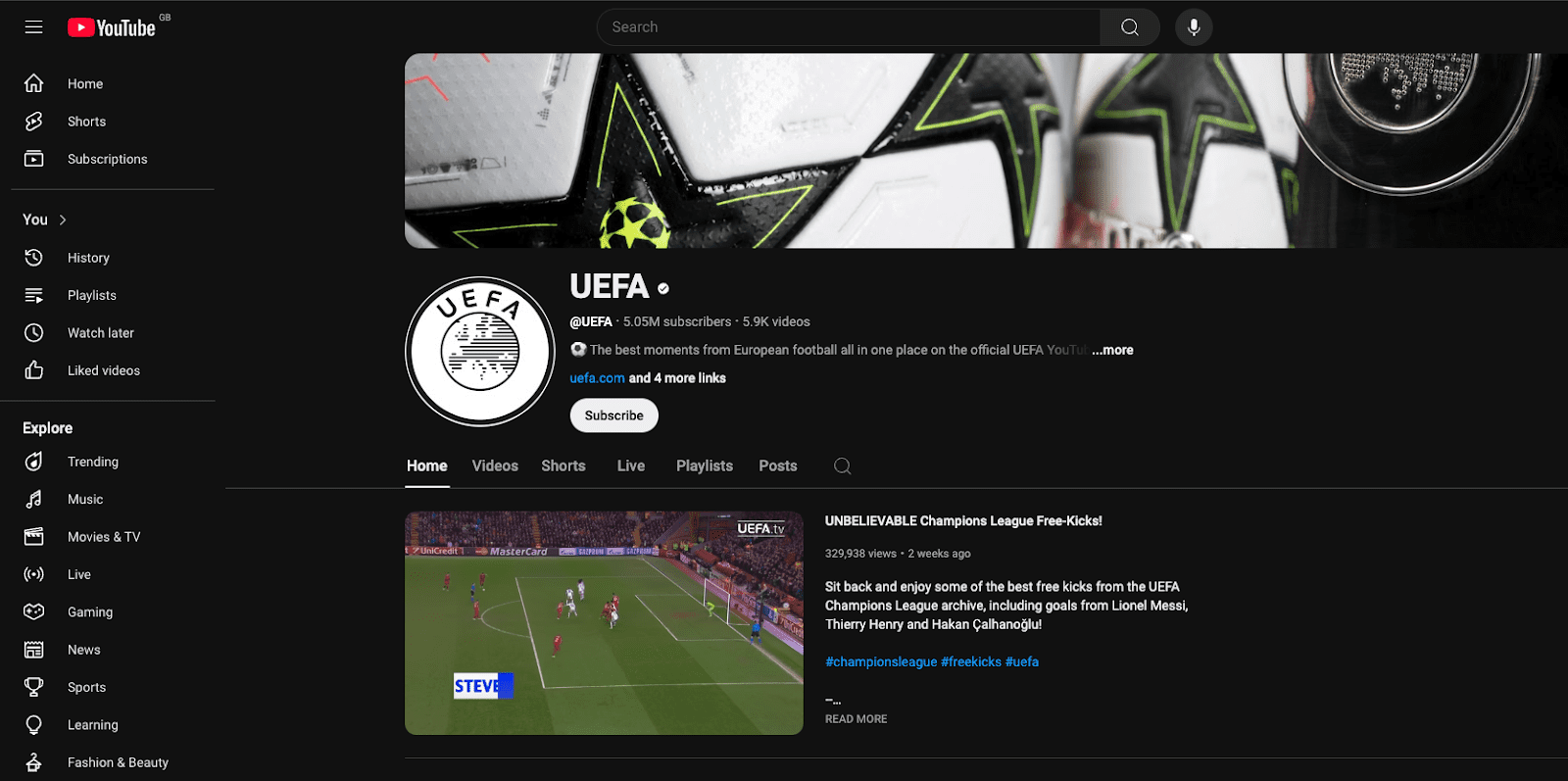 Screenshot of the official UEFA YouTube channel