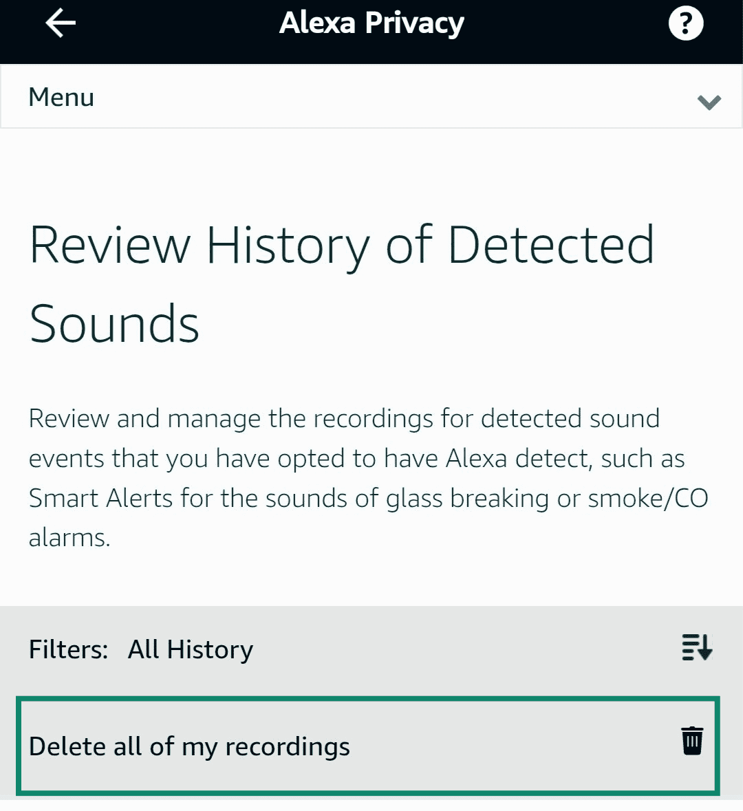 Deleting all recordings from Alexa's voice history.