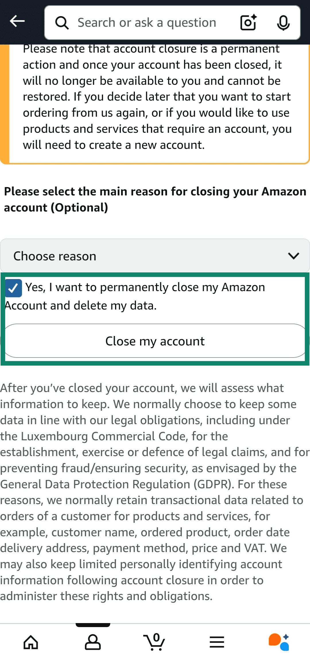 Confirming Amazon account deletion on the Amazon app.