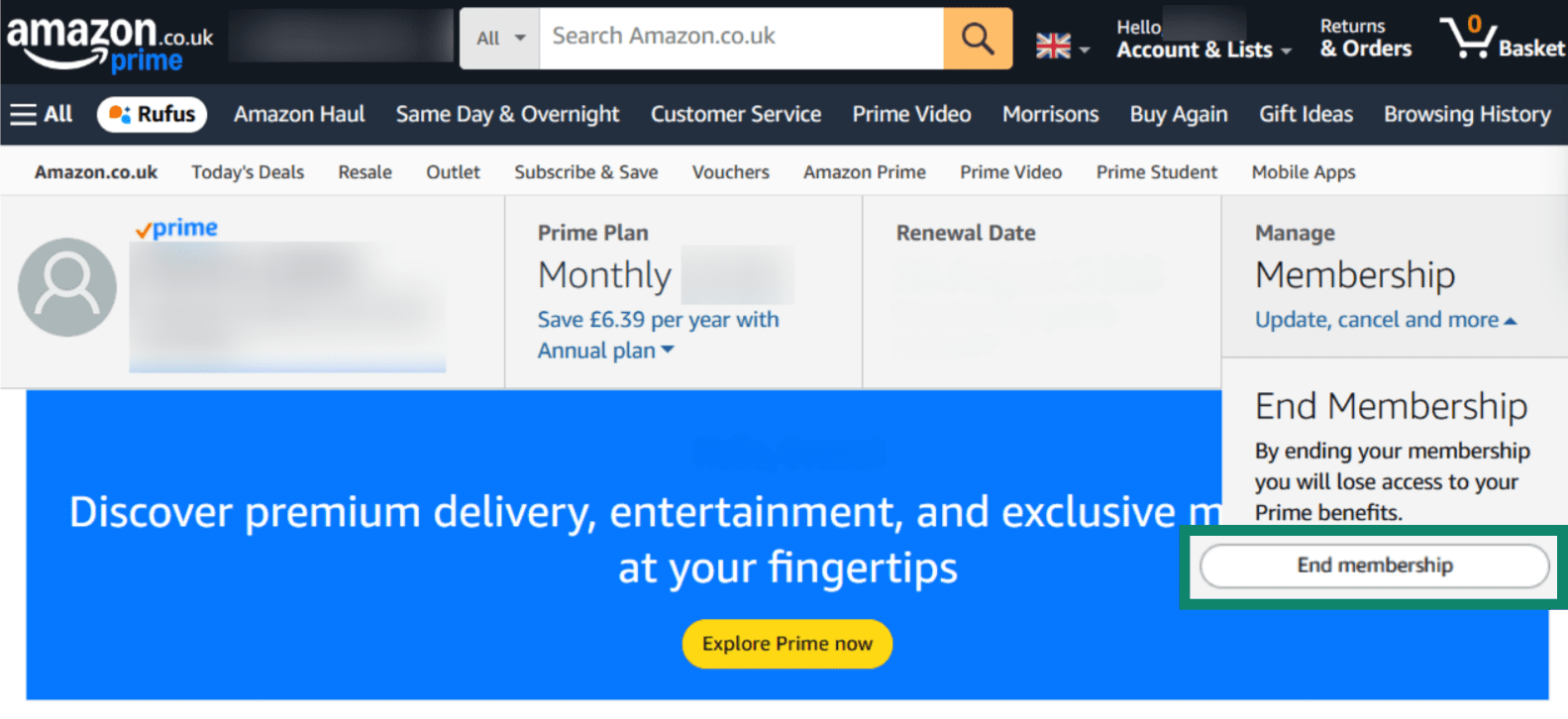 Starting Prime membership cancellation on Amazon website.