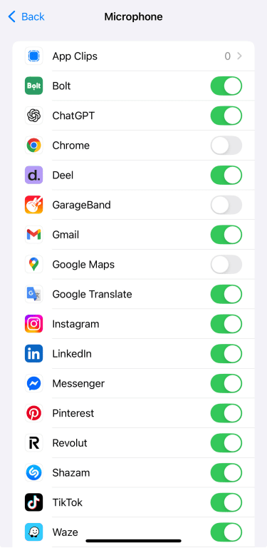 Permissions you can toggle off in iOS Microphone settings.
