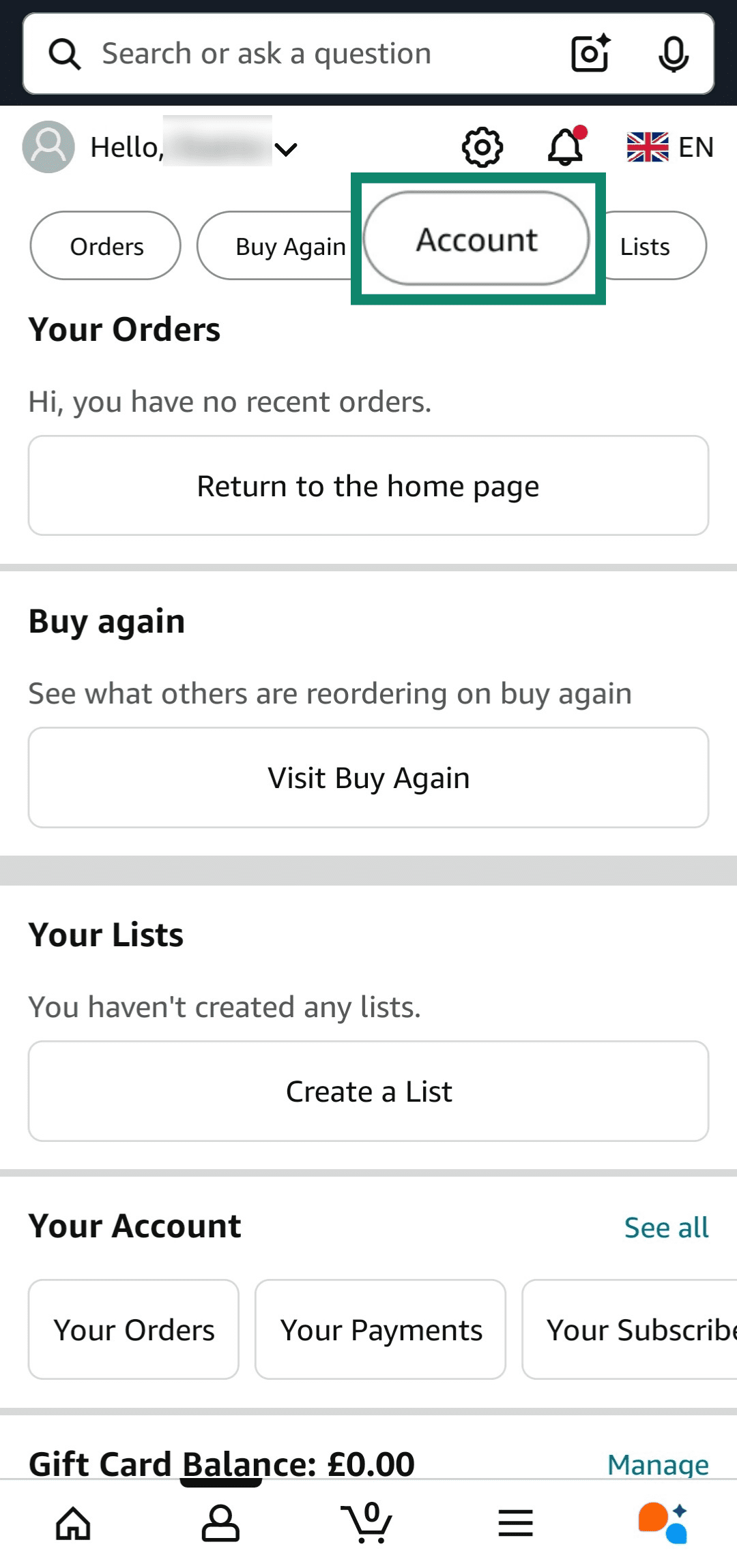 Accessing the Account menu on the Amazon app.