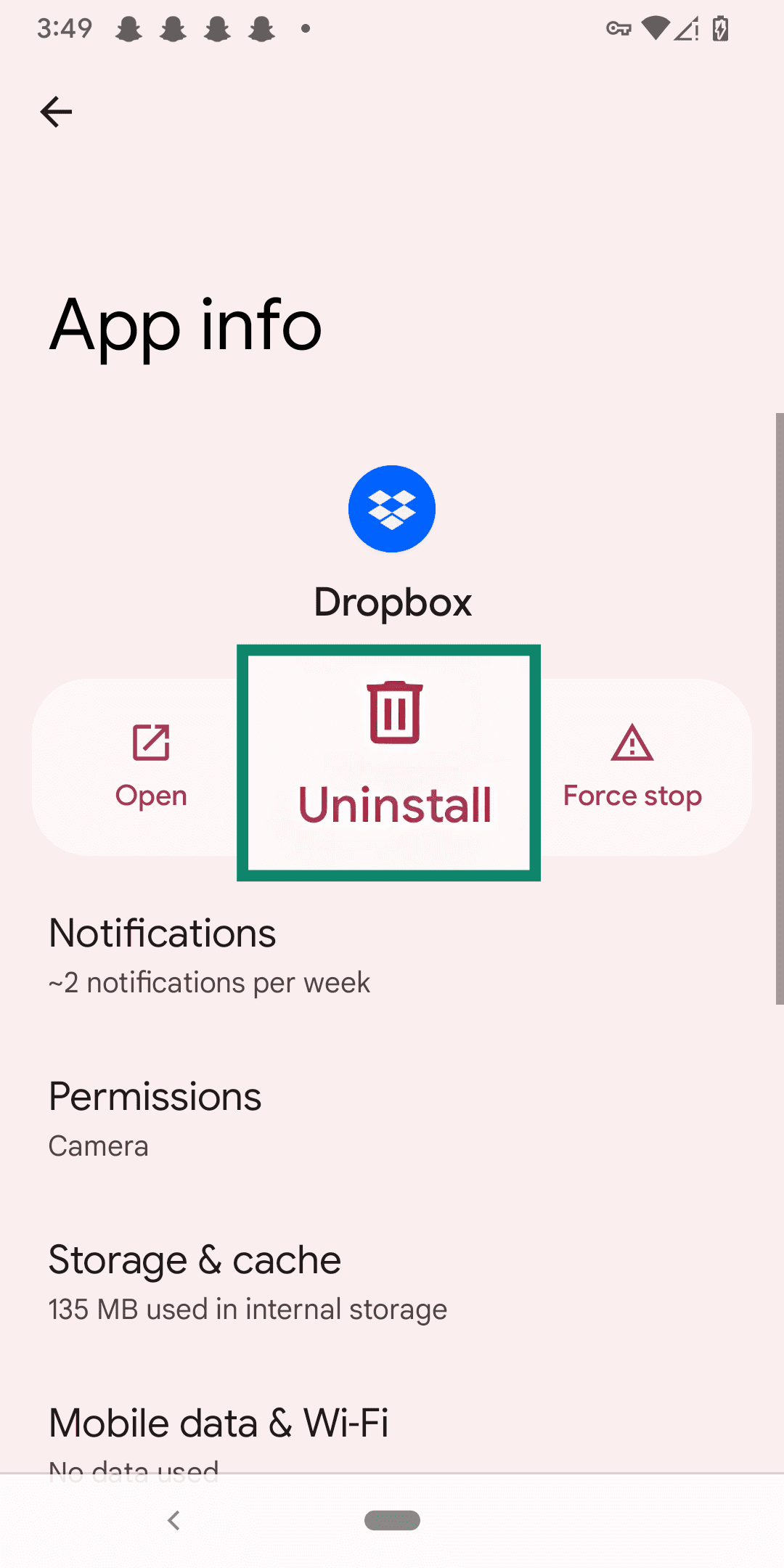 Uninstalling Dropbox on Android.