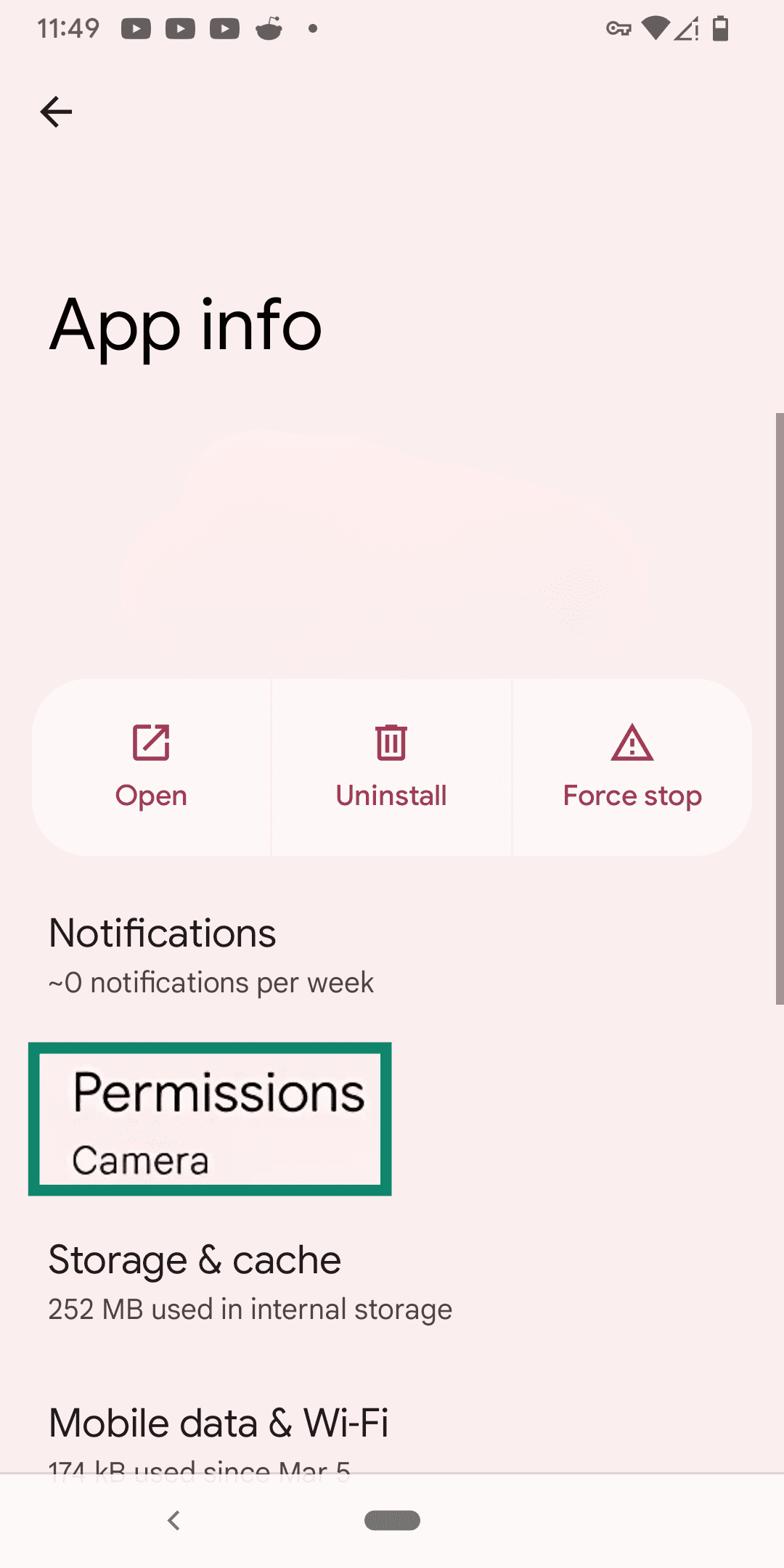 An Android open to a generic app, highlighting the Permissions option.