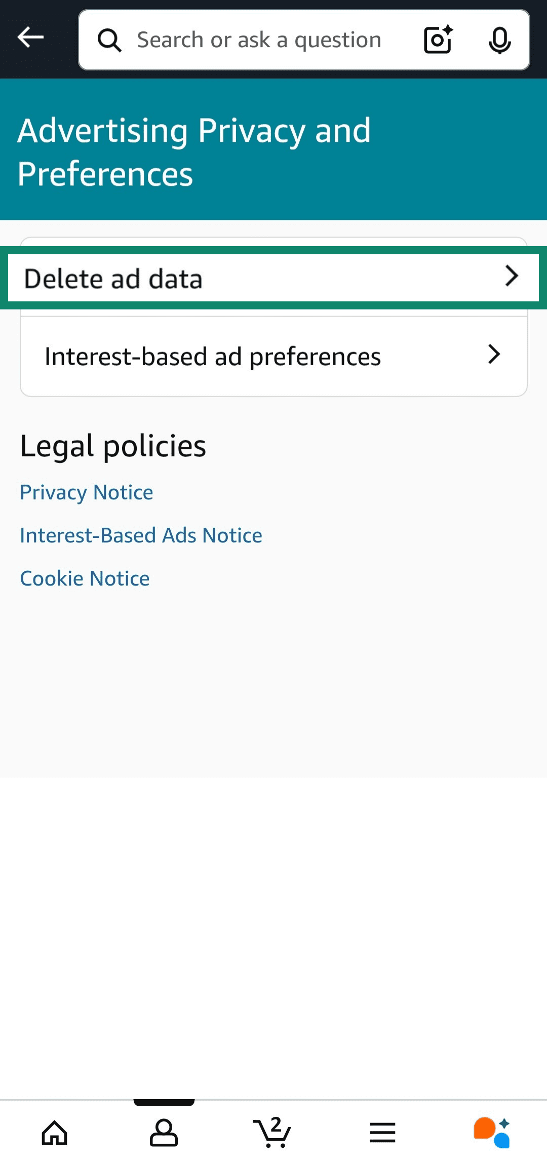 Deleting ad data using the Amazon app.