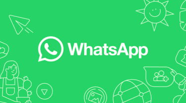 WhatsApp logo on a green background, surrounded by white line-art icons like a sun, paper plane, and user profiles.
