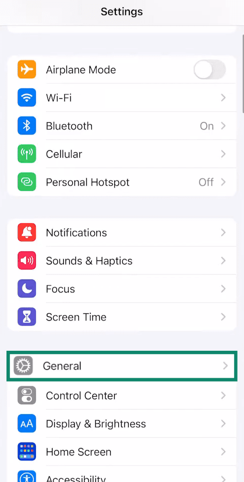 The Settings screen of an iPhone, showing the General option.