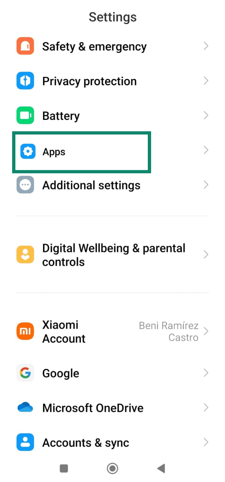 Android Settings screen highlighting the Apps menu option.