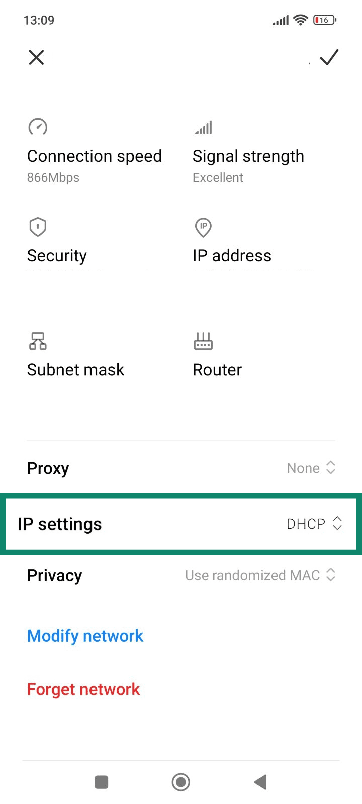 The network information page on an Android phone, showing the IP settings button.