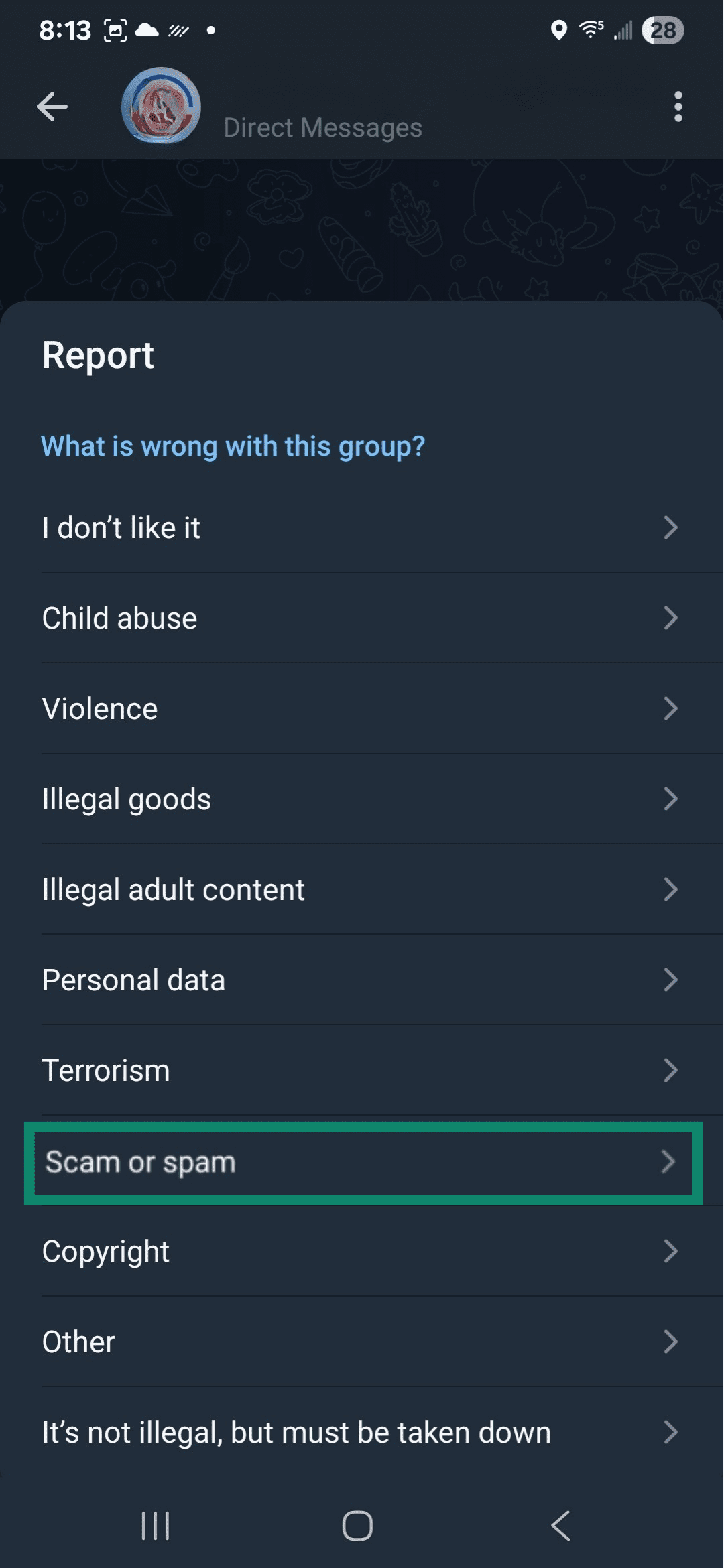 Telegram screen showing options for describing issues with a group.