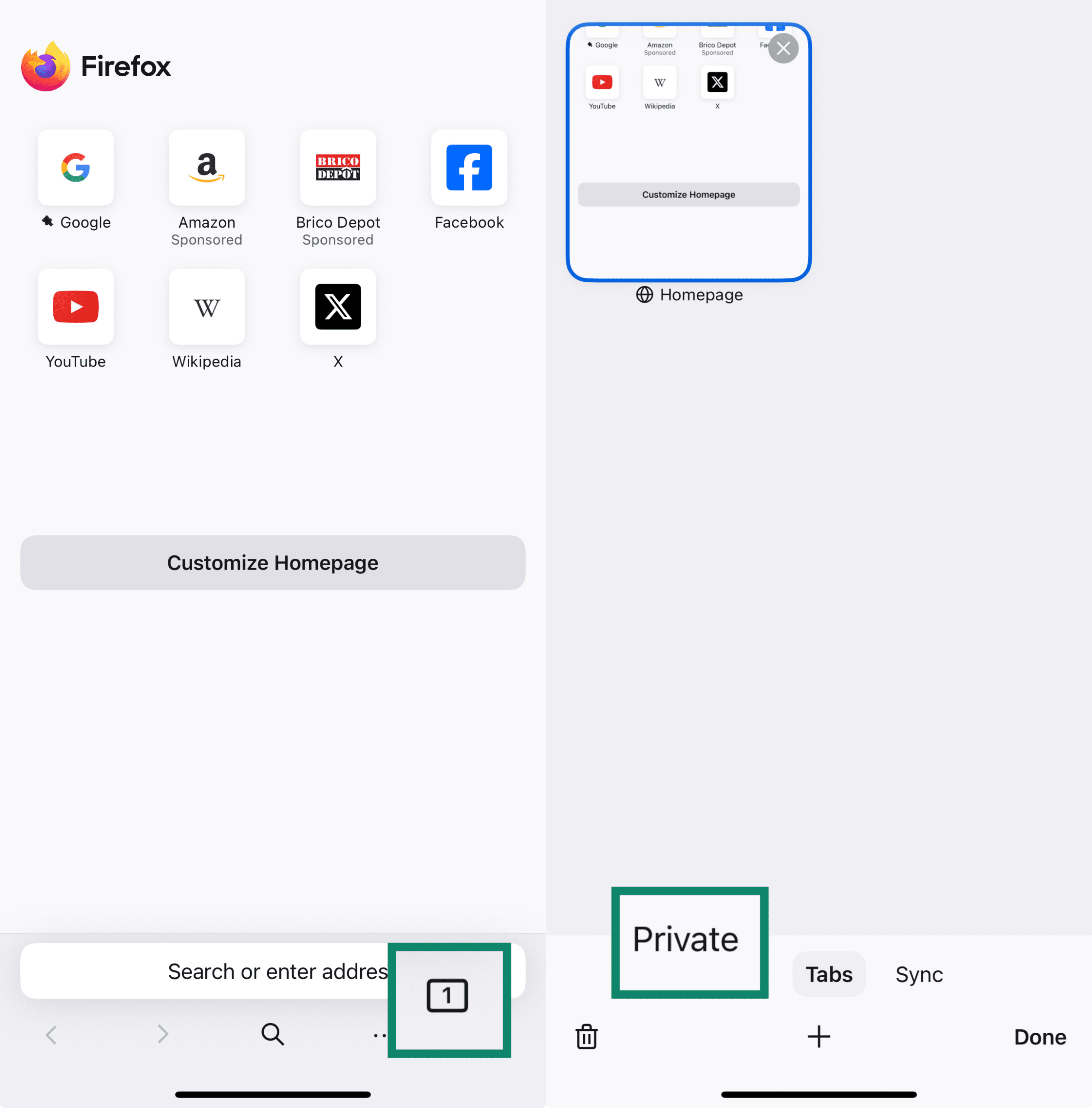 Two side-by-side screenshots of the Firefox app on iPhone. The left screenshot highlights the tab icon at the bottom. The right screenshot shows a screen with all open tabs and the “Private” option highlighted.