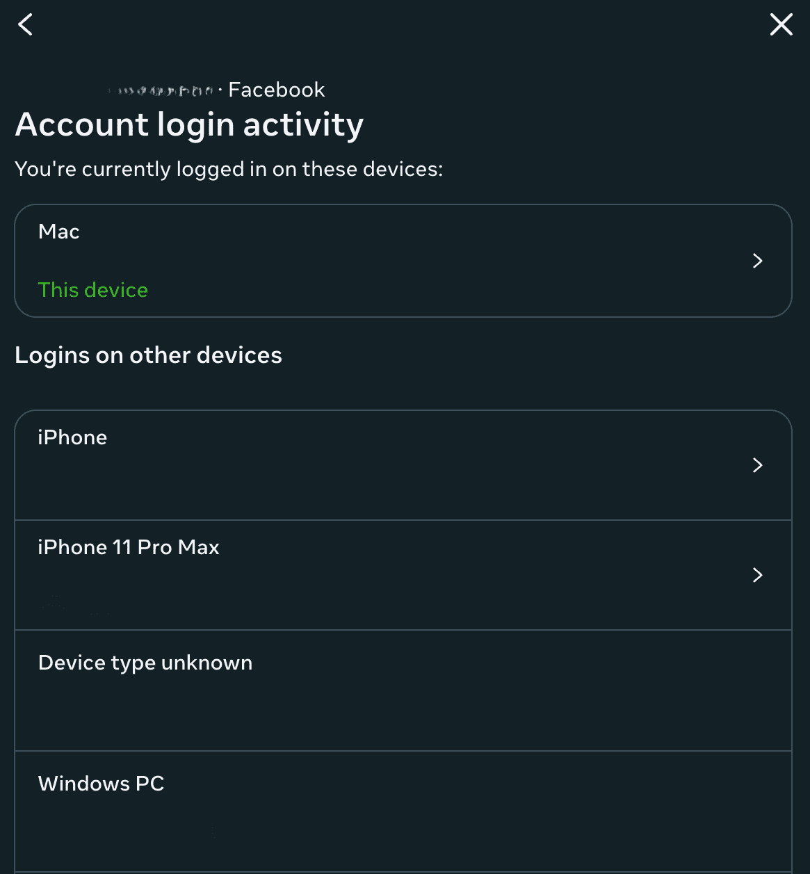 Facebook active sessions page.