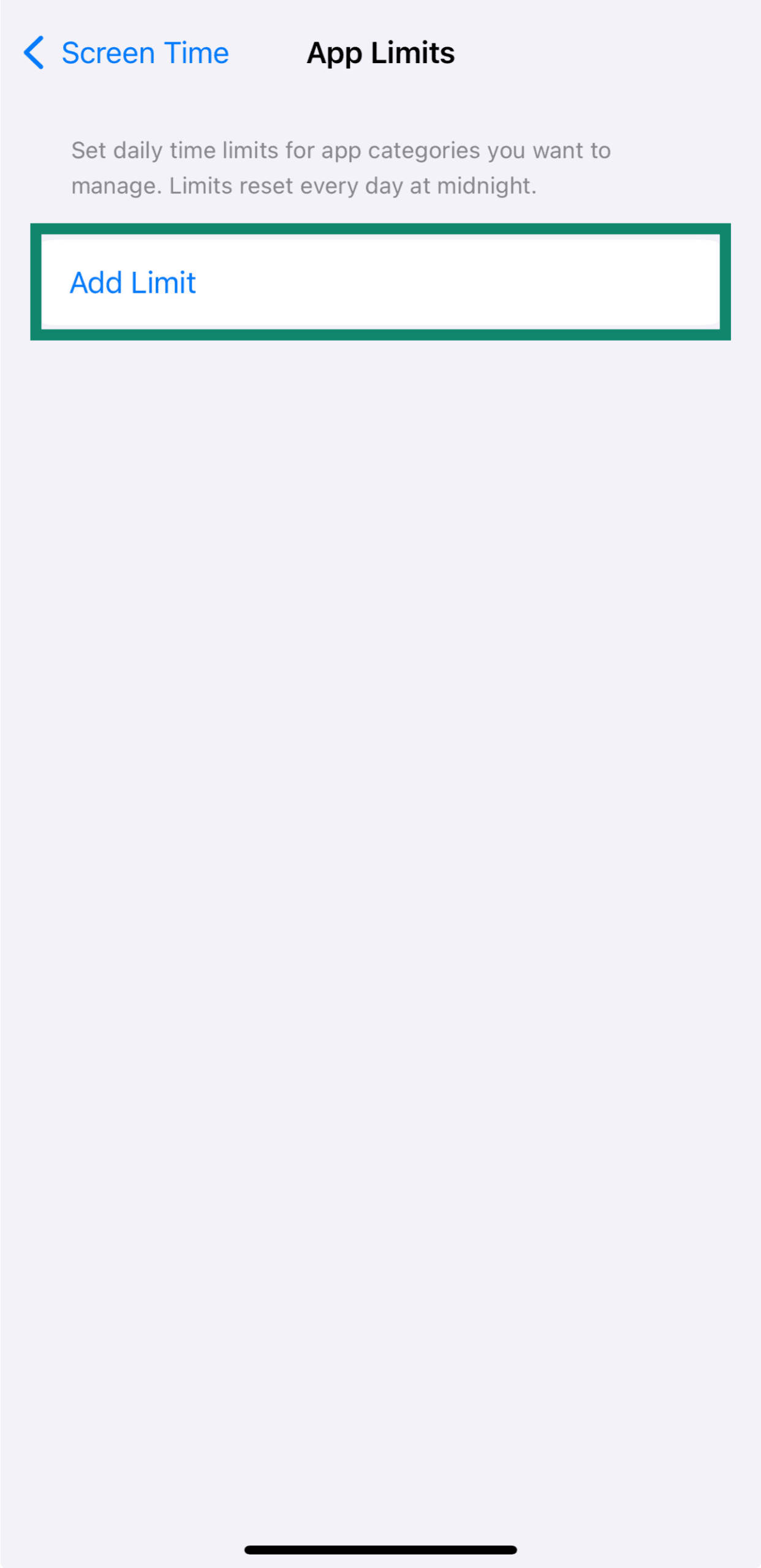 App Limits screen with “Add Limit” button highlighted on iPhone