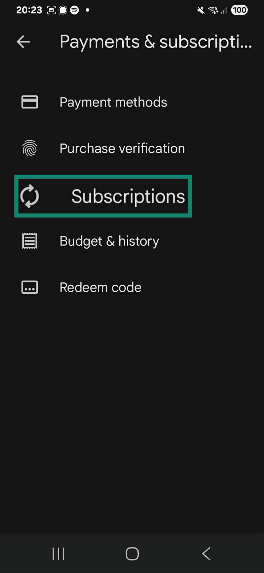 The Play Store's Payments & subscription page.