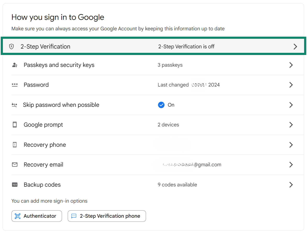 The Google Account security settings page shows the "2 Step-Verification" option highlighted, indicating that you need to add it.