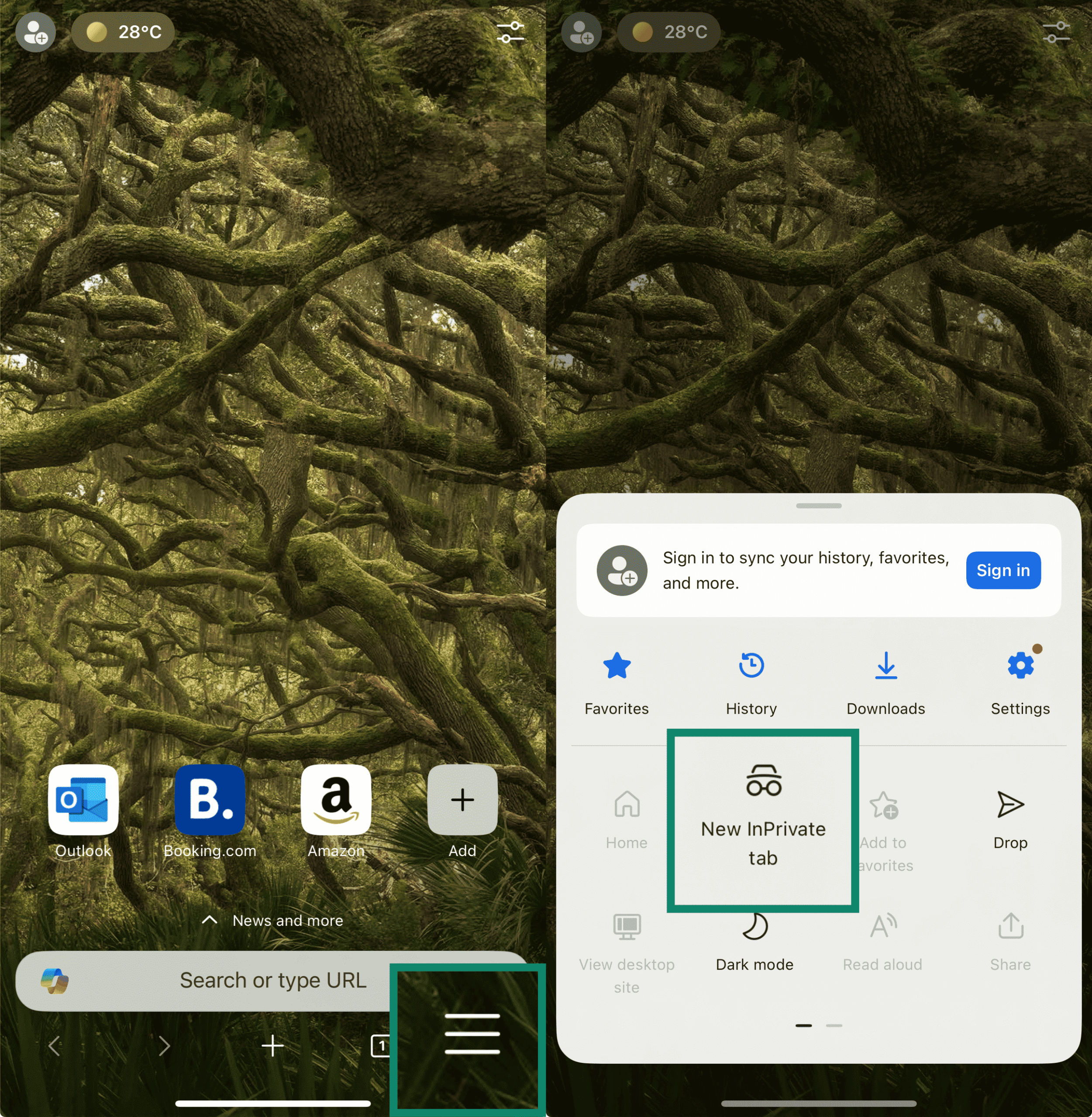 Two side-by-side screenshots of the Microsoft Edge app on mobile. The left screenshot highlights the tabs icon at the bottom of the screen. The right screenshot shows the “New InPrivate tab” option selected to enter private browsing mode.