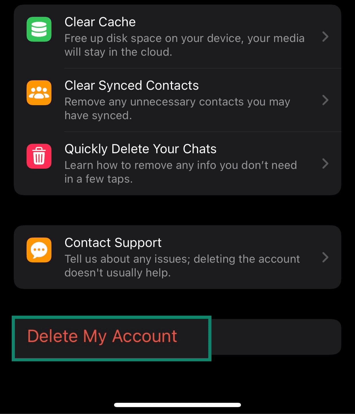 The Telegram "Delete My Account" button on iPhone.
