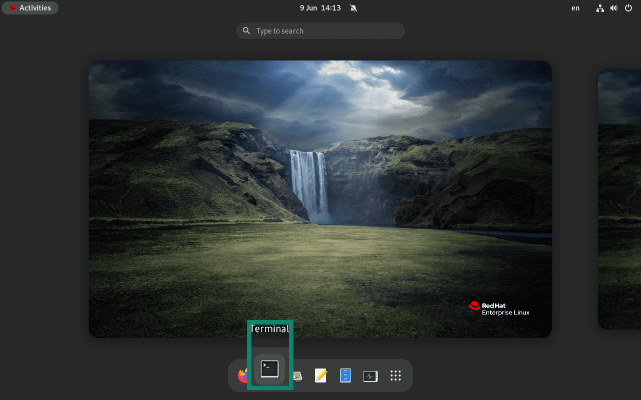 Linux Red Hat distro showing the Activities screen with Terminal highlighted.