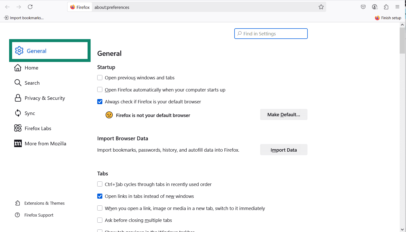 The Firefox Settings menu with General highlighted.