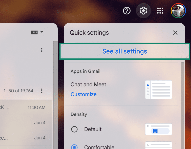 Gmail email settings with the “See all settings” option highlighted.