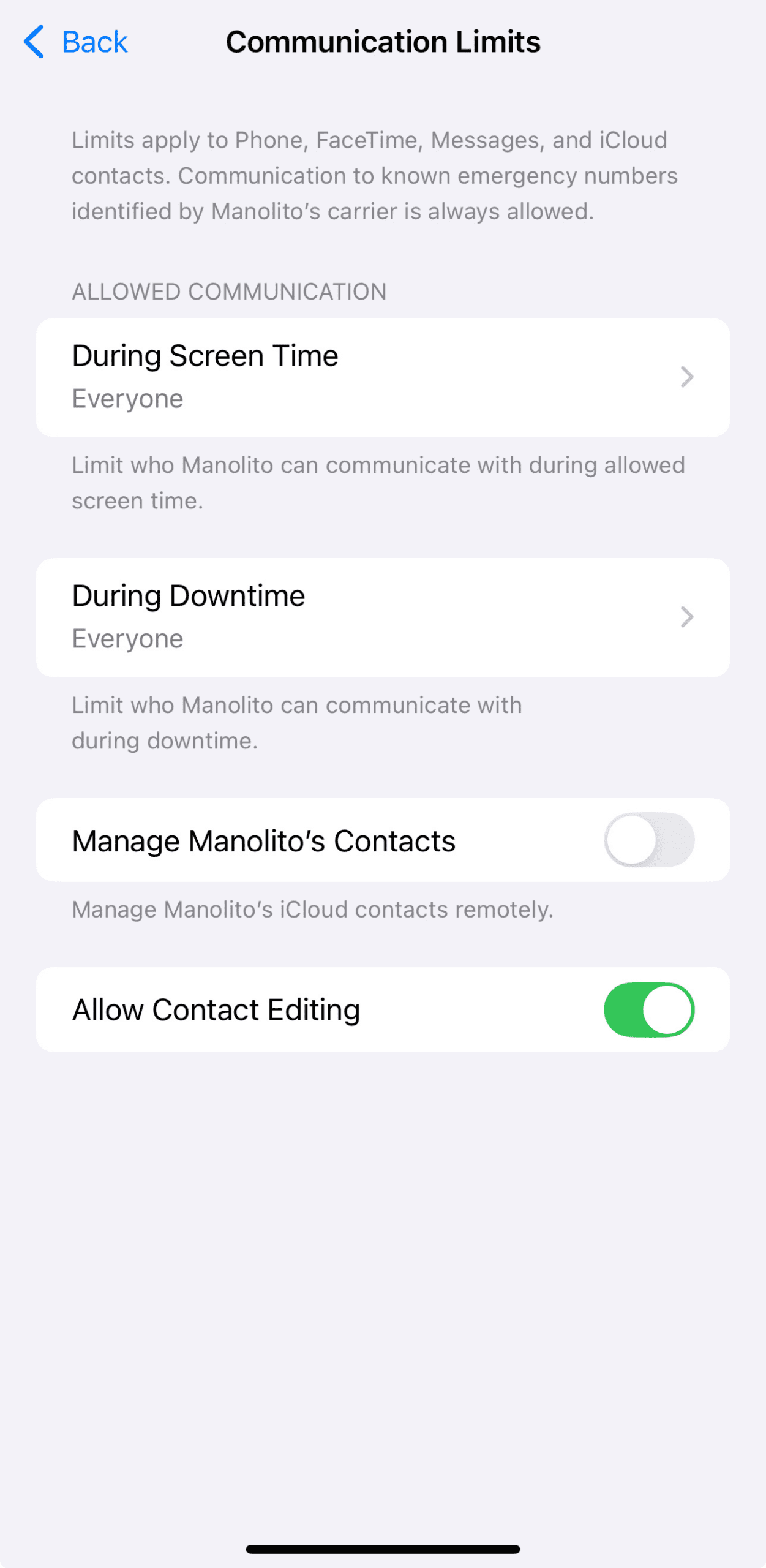 Contact restrictions configured for child’s iPhone