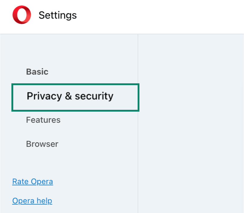 The Opera Privacy & security settings.