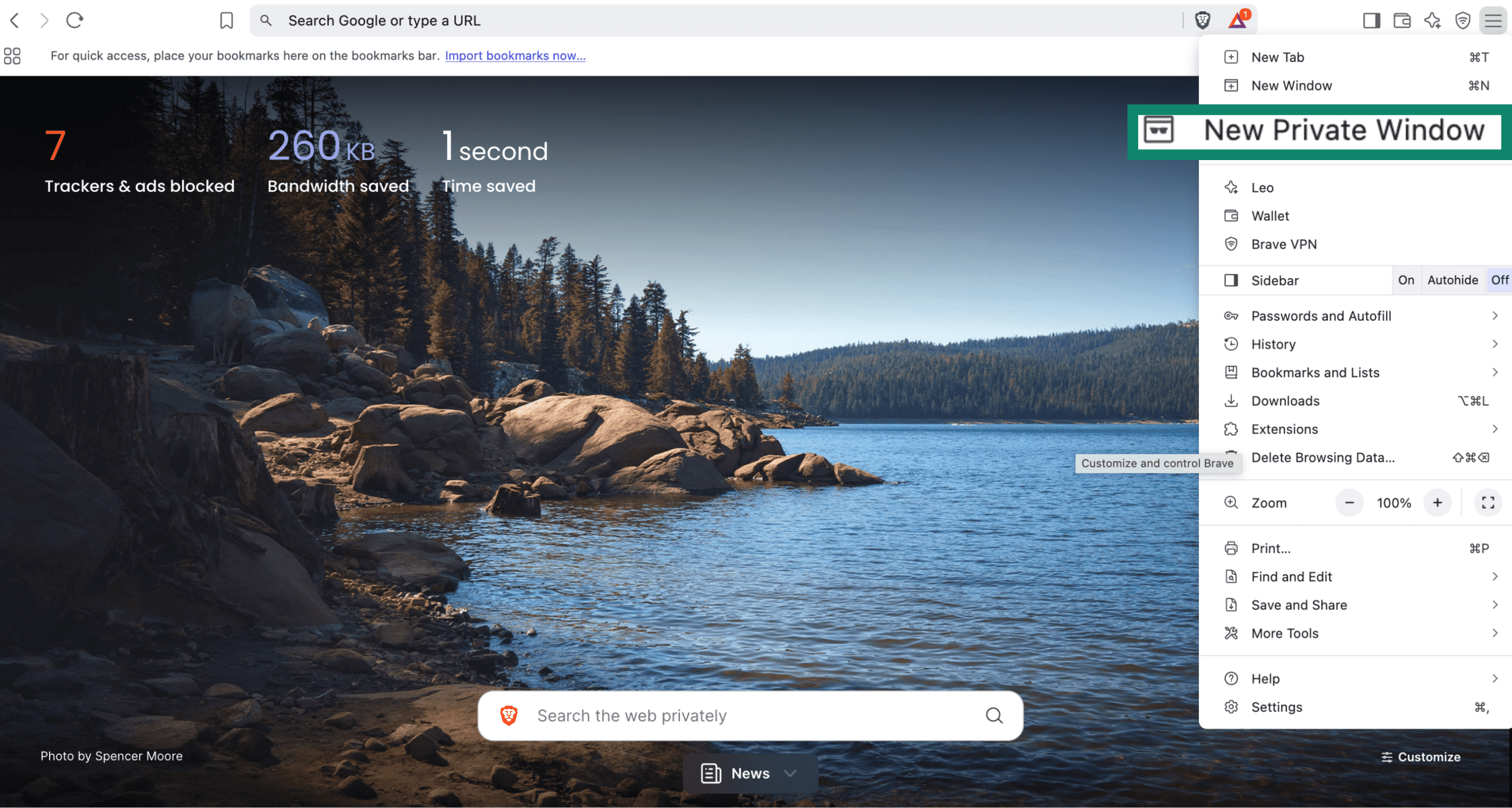 Brave browser dropdown menu showing New Private Window option selected for incognito browsing