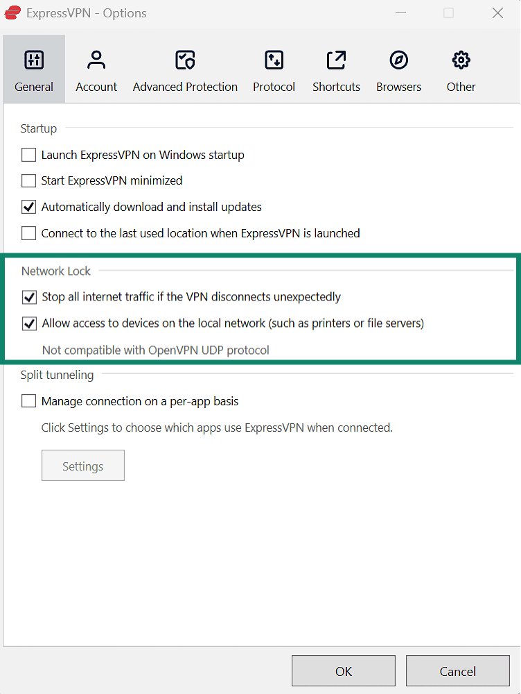 ExpressVPN settings showing the checkbox for ‘Stop all internet traffic if the VPN disconnects unexpectedly’ being ticked, activating the network lock feature.