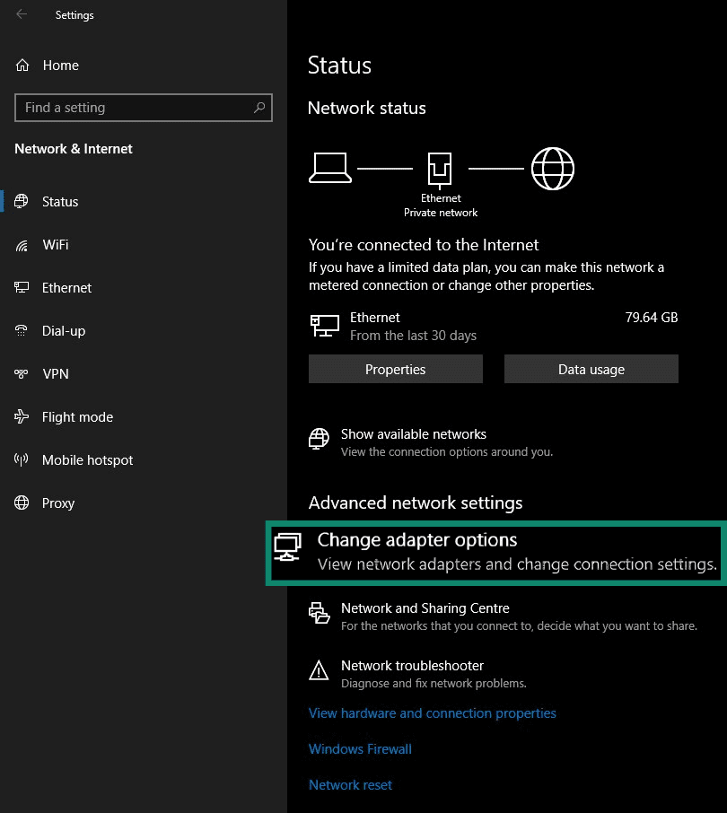 Windows 10 Network & Settings highlighting the Change adapter options button.