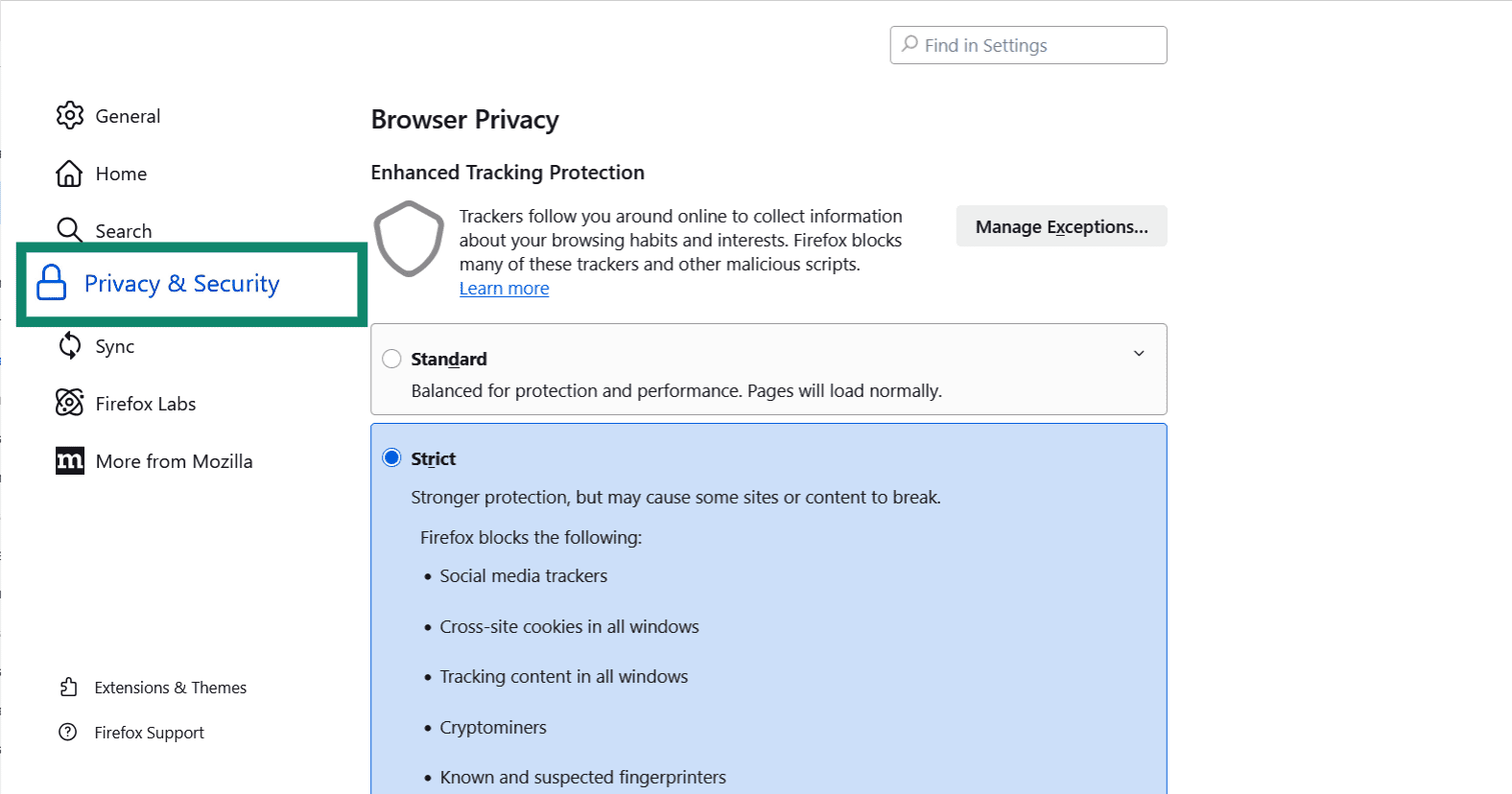 Firefox open to the Privacy & Security settings.