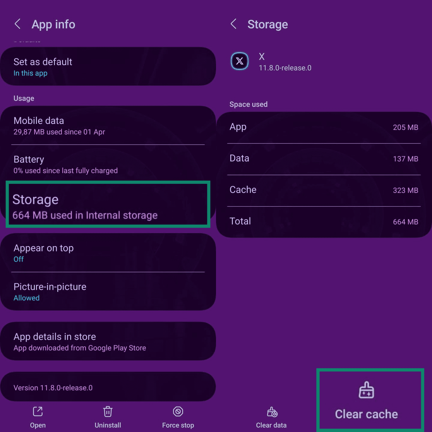 Two side-by-side screenshots showing how to clear the cache for the X app on Android. The first shows the