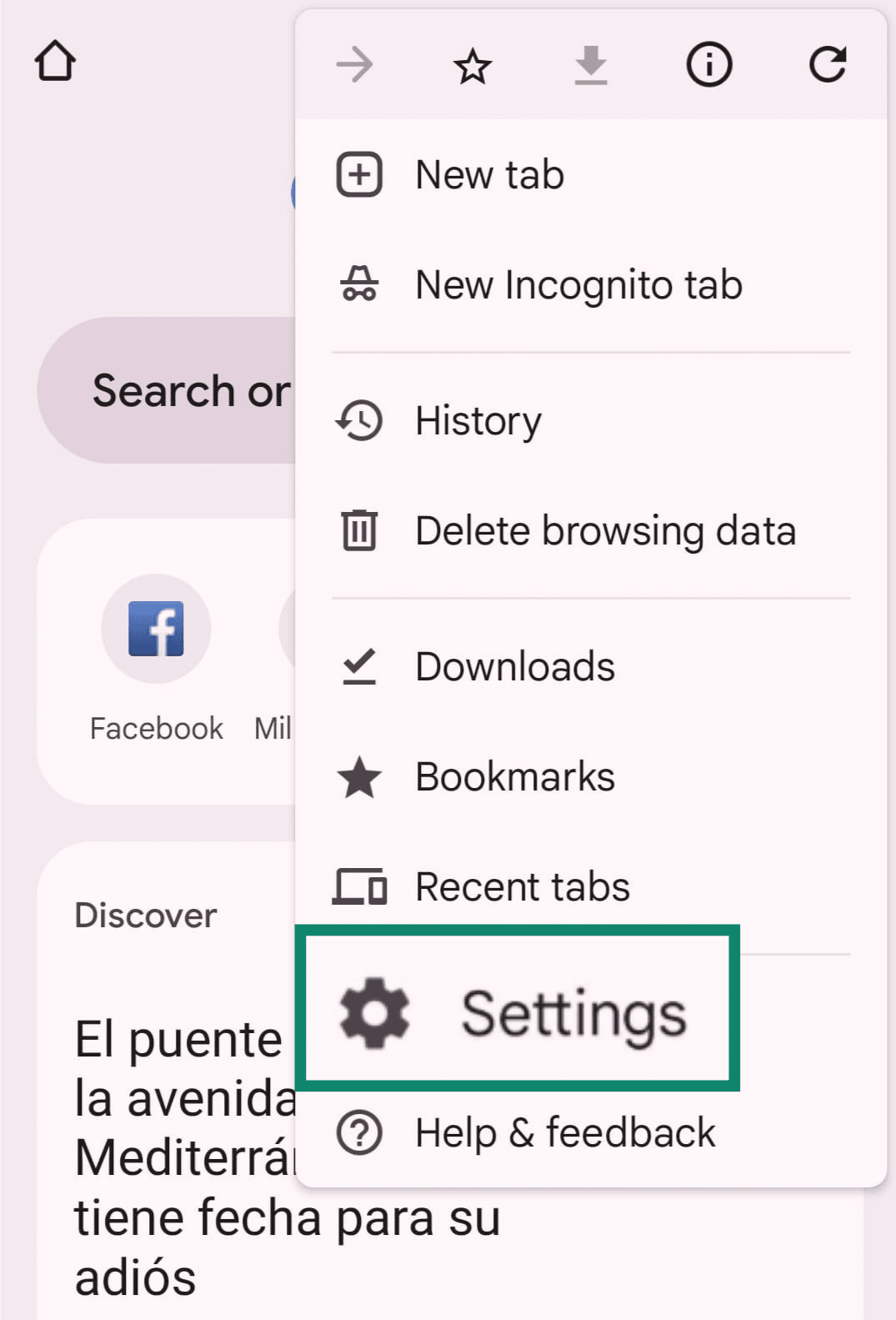 Chrome browser menu showing Settings option highlighted
