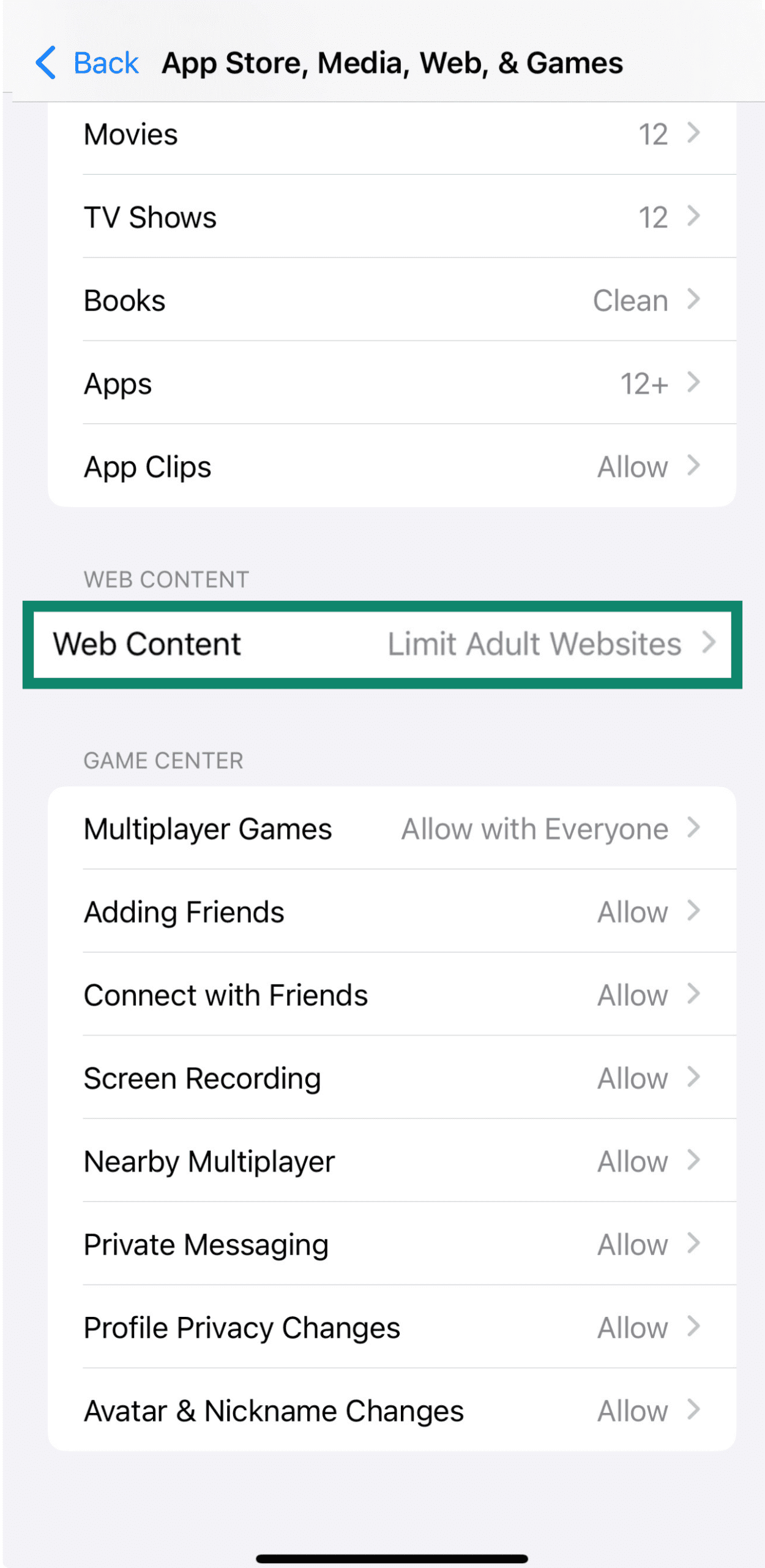 iPhone screen showing Web Content restriction setting.
