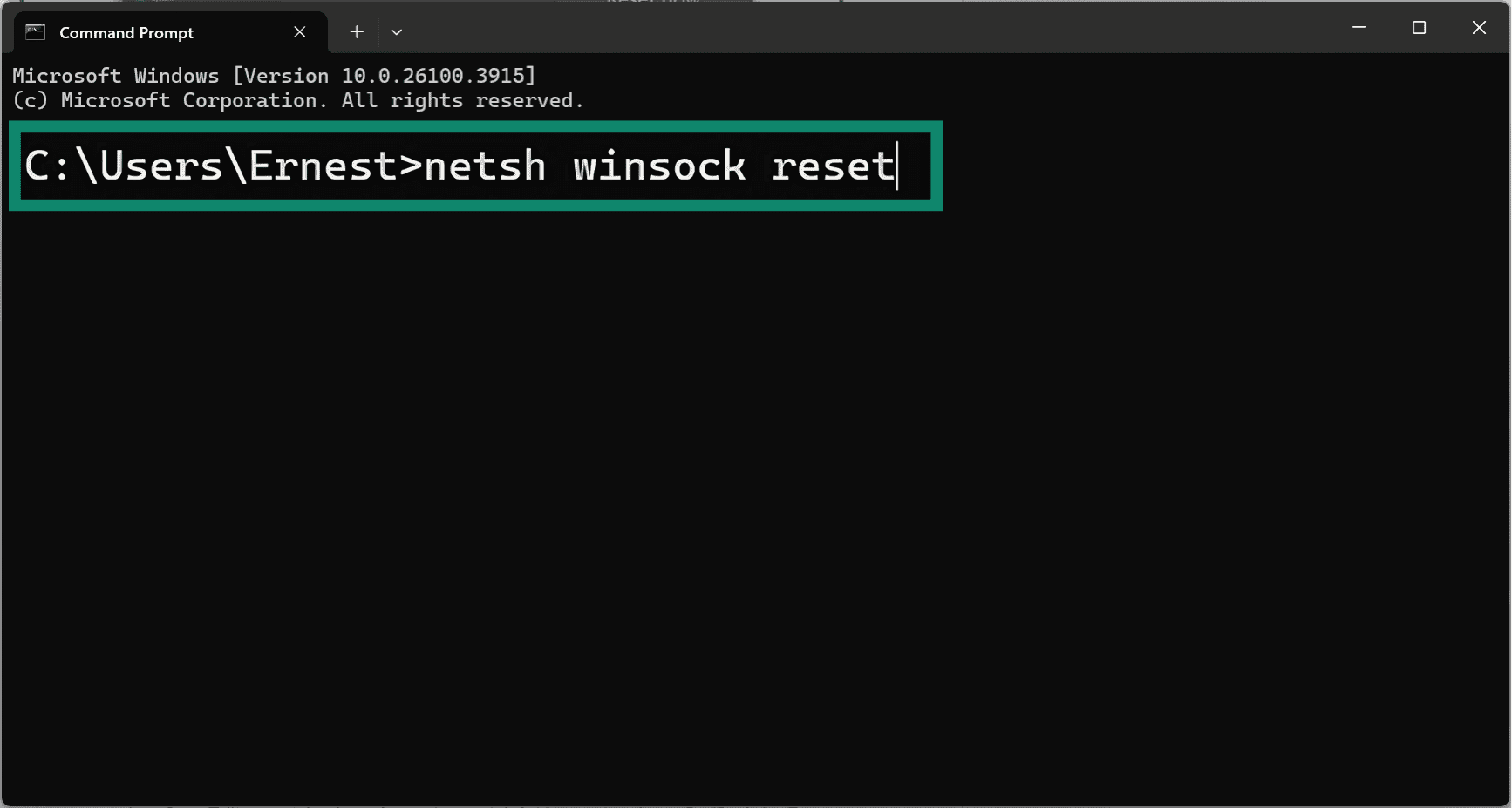In the Command Prompt, type netsh winsock reset to start the network reset process.