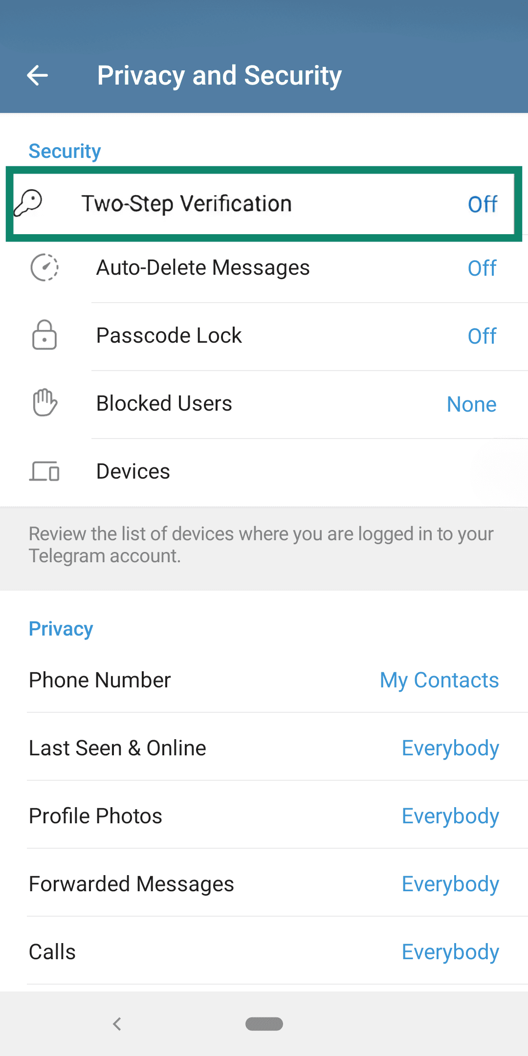 Phone screen showing Telegram two-step verification setting.