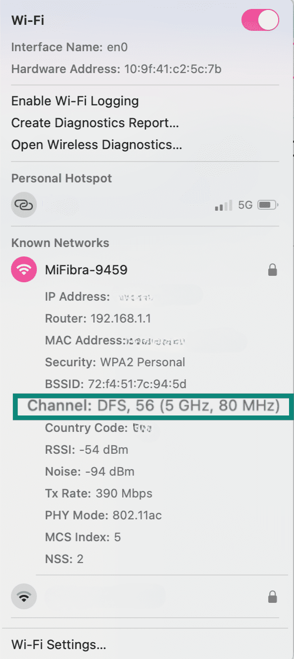 Wi-Fi settings on Mac showing connection on 5 GHz band