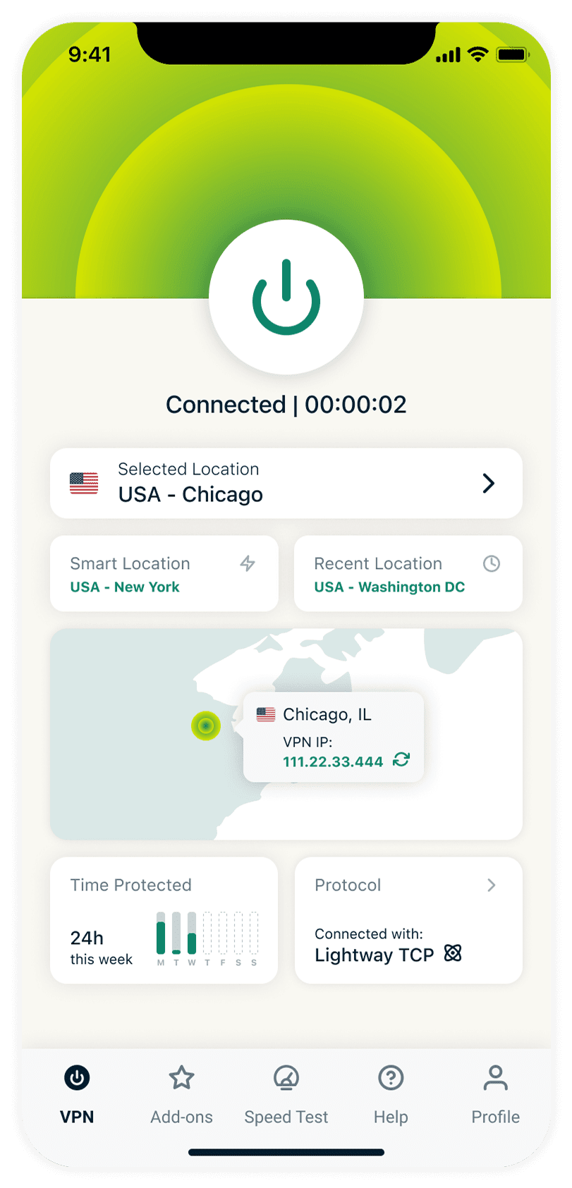 Screenshot of the ExpressVPN main screen, with the large power button showing the VPN is turned on.