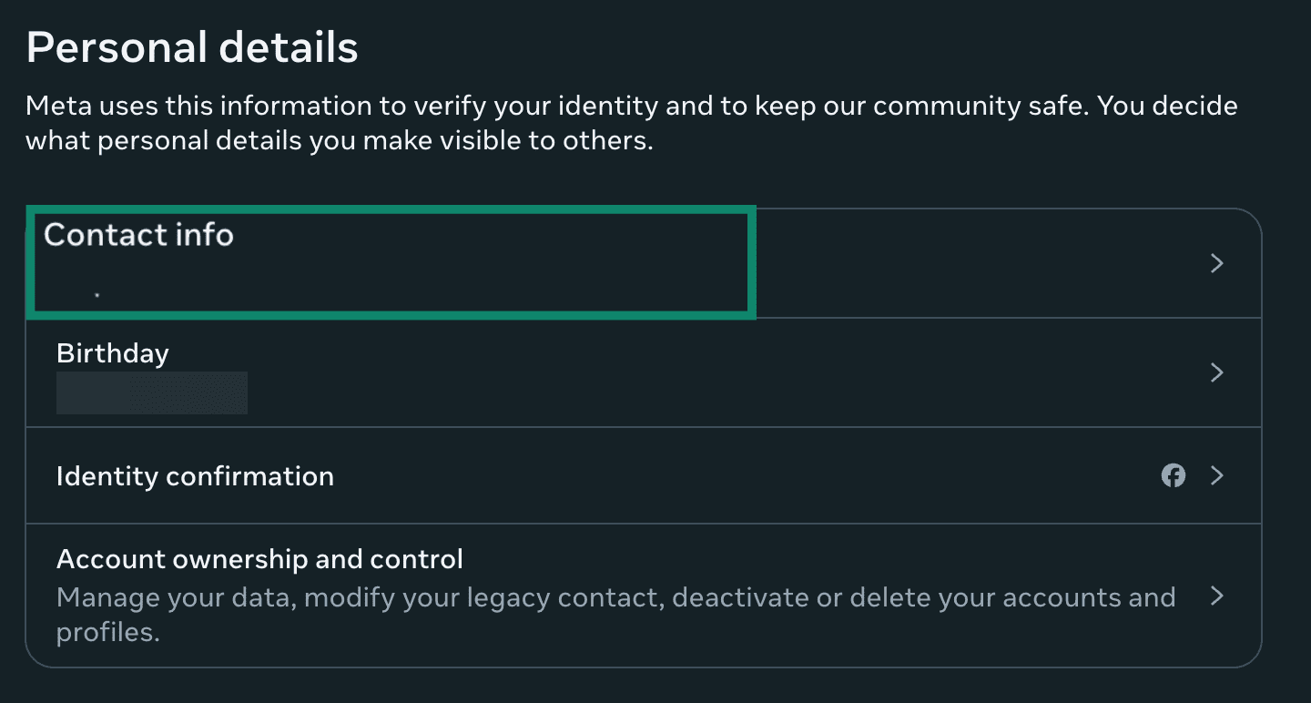 Contact info highlighted in Facebook settings.