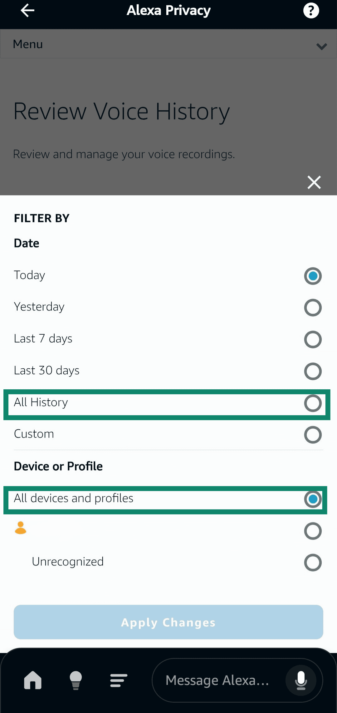 Selecting all voice history in the Review Voice History menu of the Alexa app.