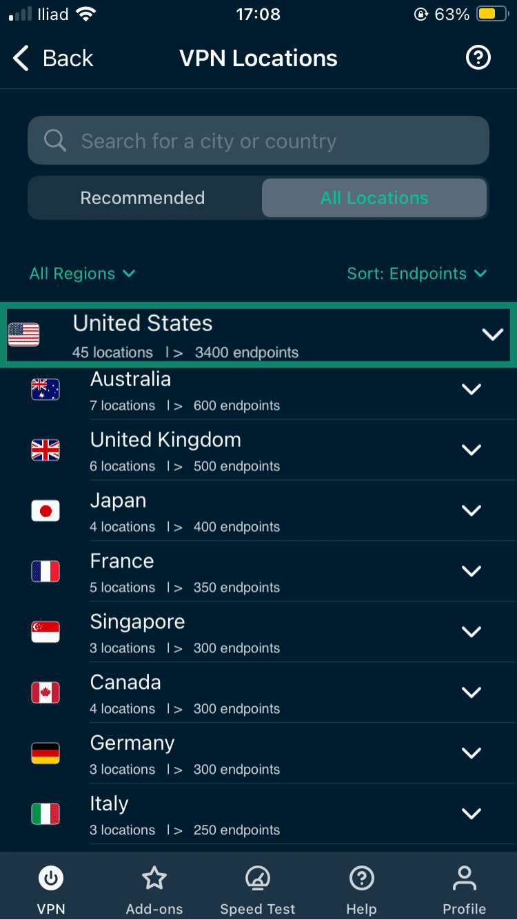ExpressVPN's server select menu.