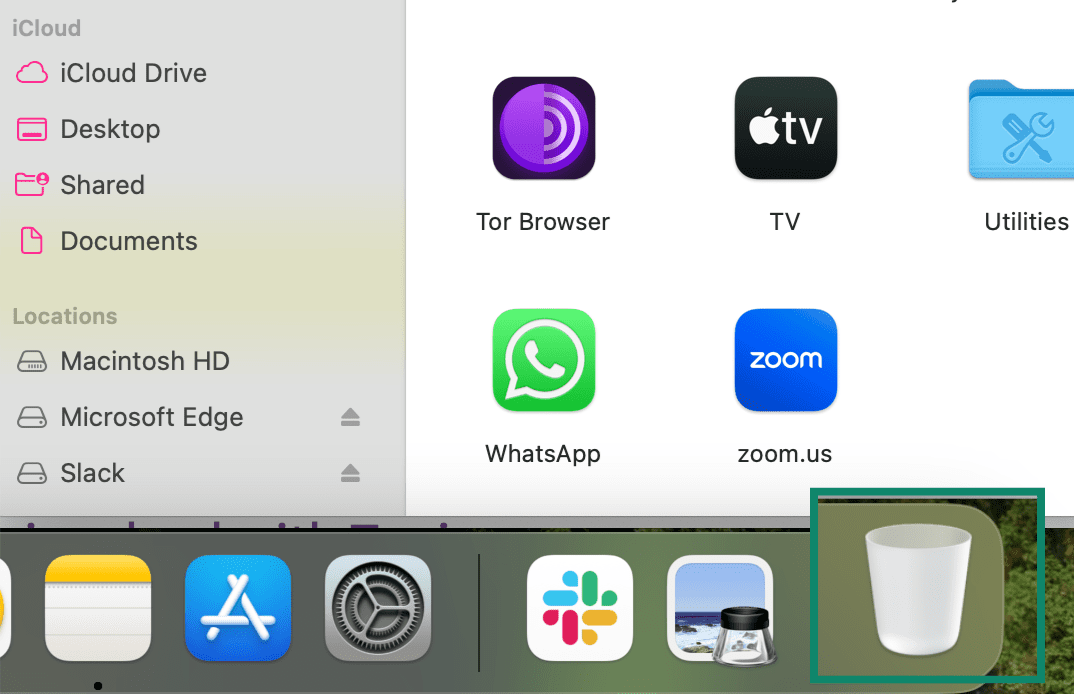 Tor Browser icon being dragged from the Applications folder to the Trash on macOS to uninstall it.