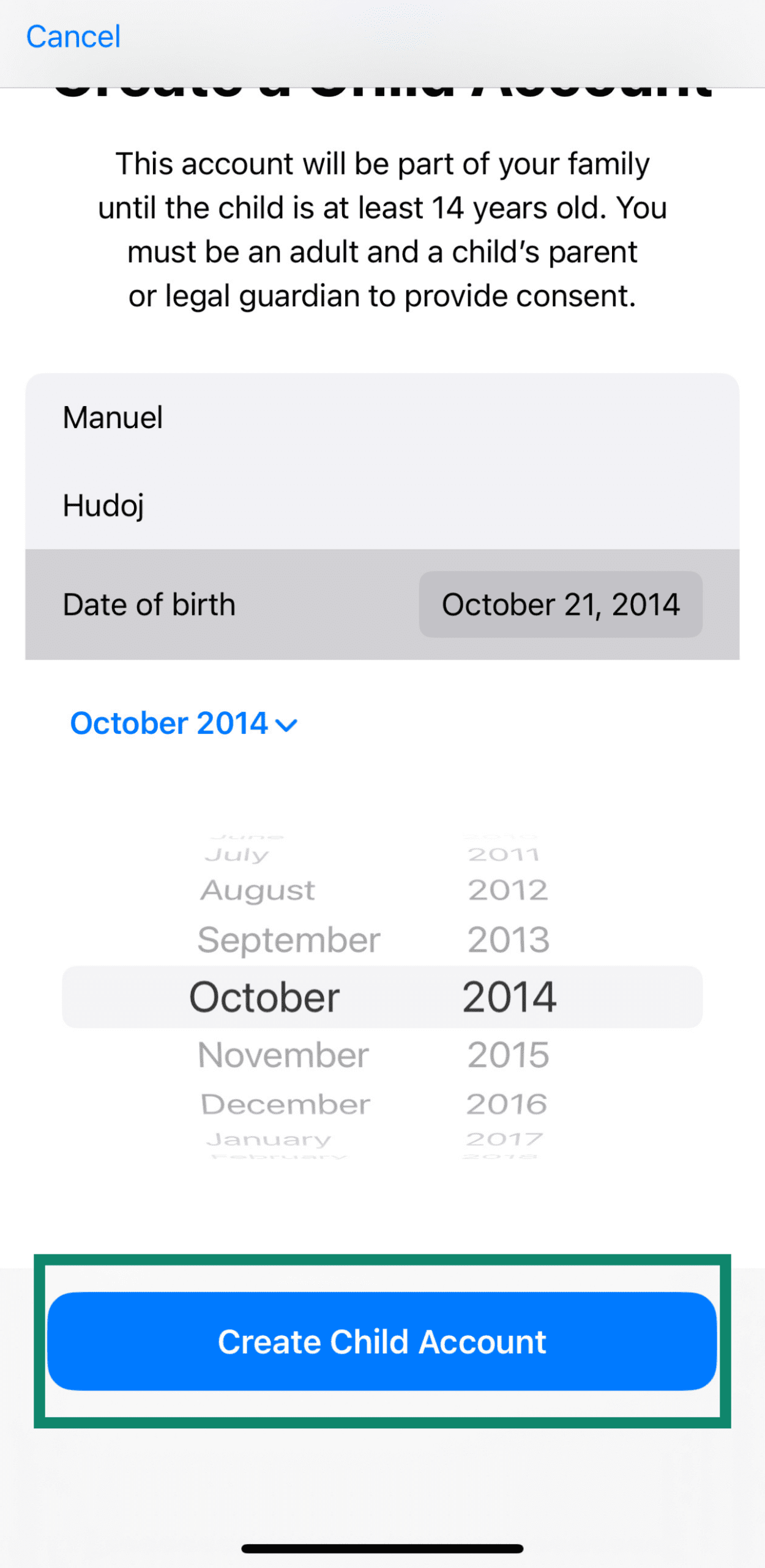 Options to invite family member or create child account on iPhone